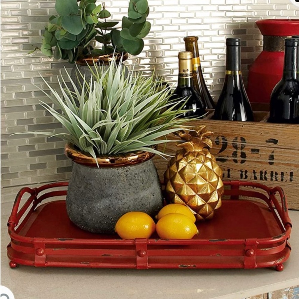 Deco 79 Vintage Metal Rectangle Tray, Set Of 2 19", 17"W, Red